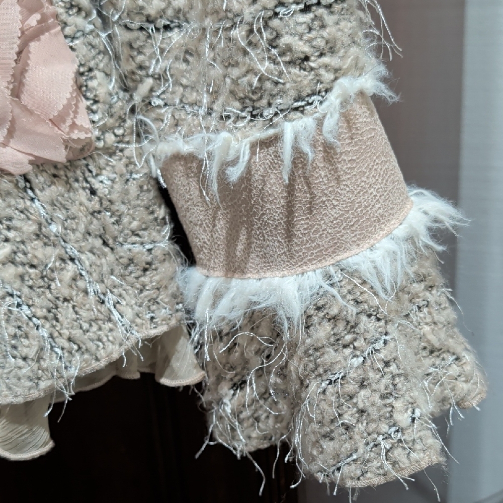 Textured Beige & Blush Ruffle Blazer with Faux Fur Trim - Picture 5 of 14
